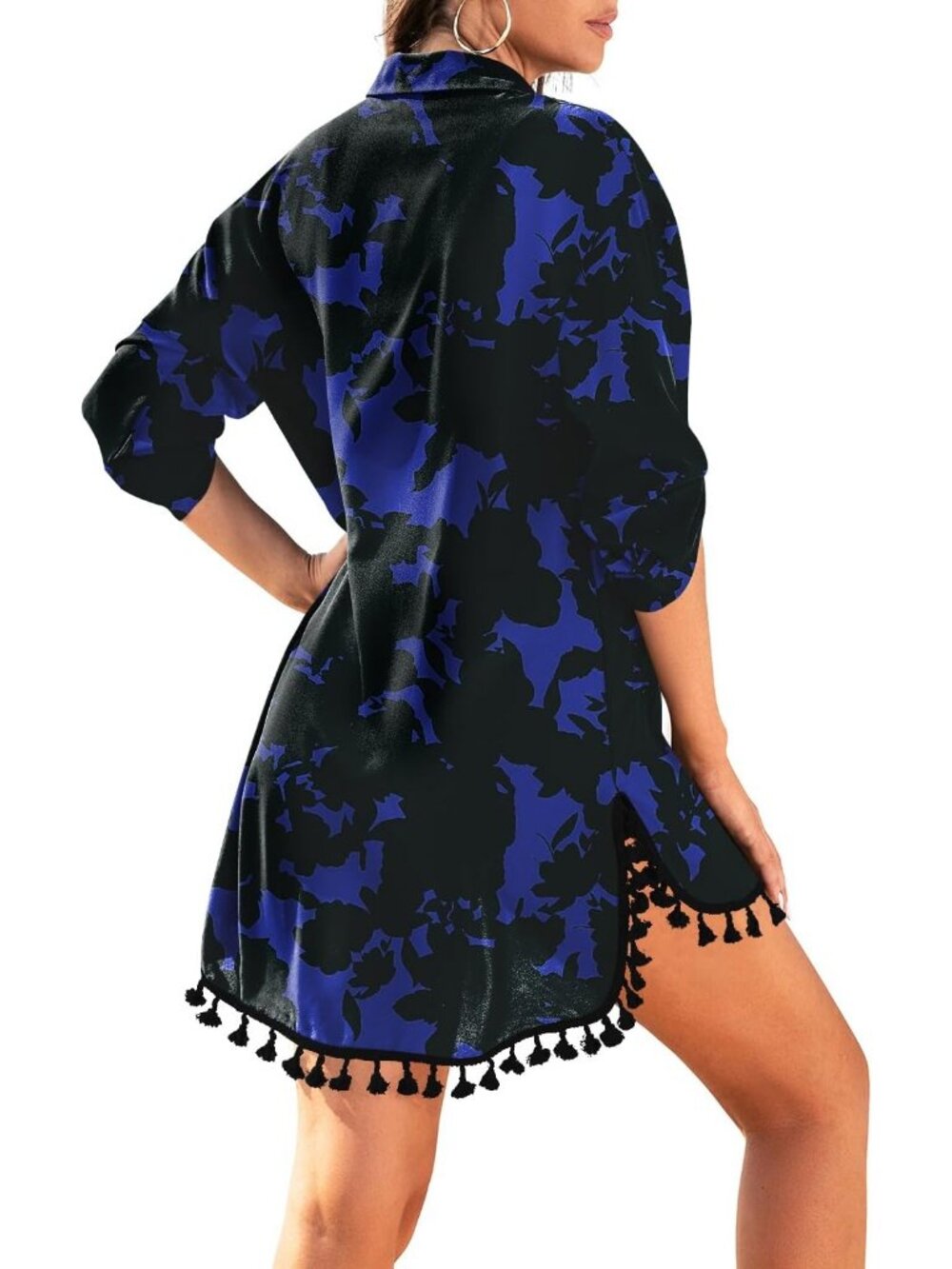 Women's Black & Blue Polyester Cover Up Tassel Swimsuit Beachwear Swimwear - Picture 2 of 3